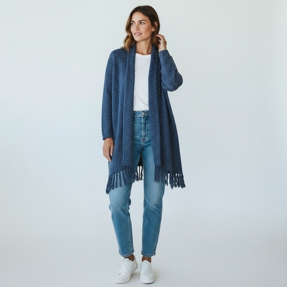 Additions by Chicos Blue Marl Fringe Open Front Cardigan Sweater Size 1